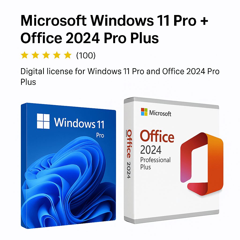 Microsoft Windows 11 Pro and Office 2024 Pro Plus digital license bundle with 5-star reviews.