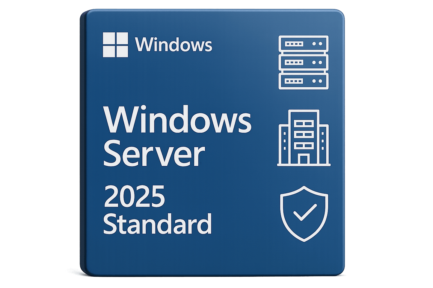Microsoft Windows Server 2025 Standard software box with security and server icons.
