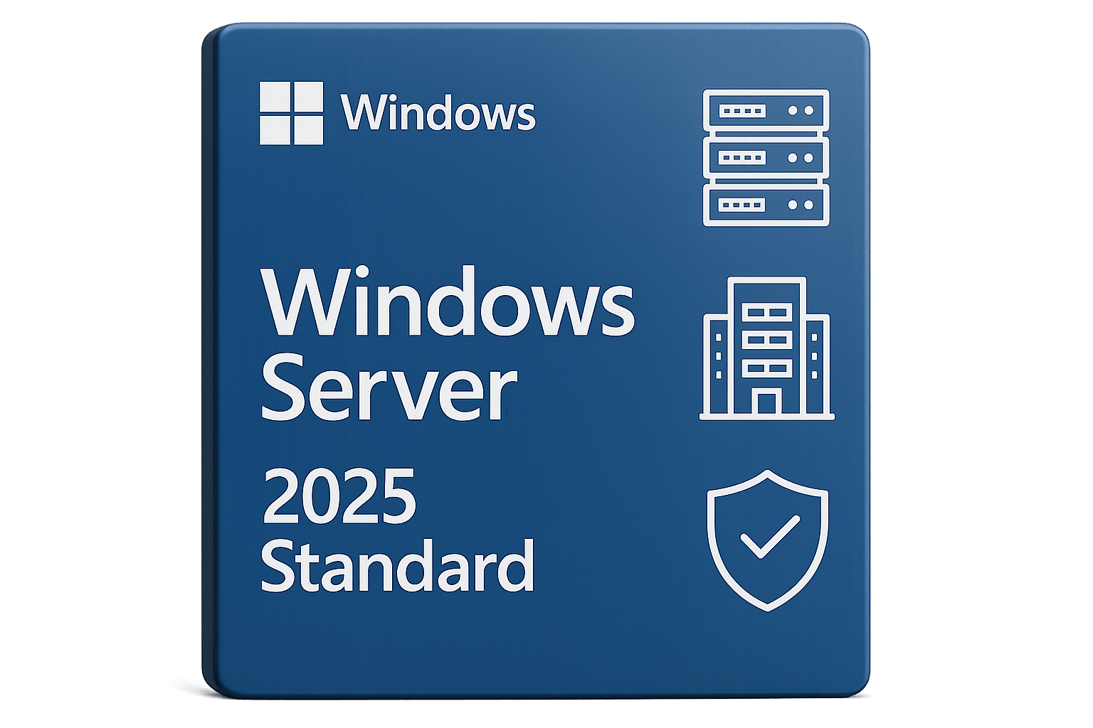 Microsoft Windows Server 2025 Standard software box with security and server icons.