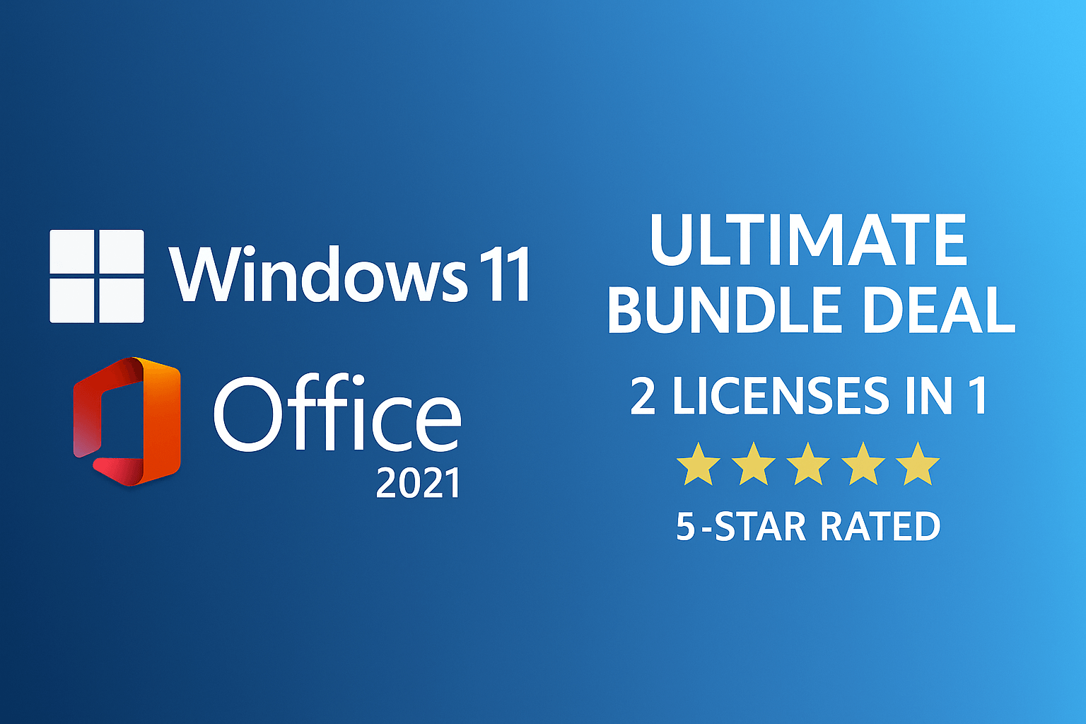 Microsoft Windows 11 Pro and Office 2021 bundle deal with 2 licenses, rated 5 stars for quality.