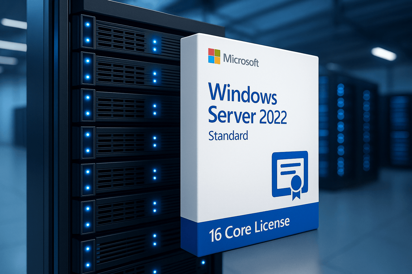 Microsoft Windows Server 2022 Standard 16 Core License box in a server room, showcasing genuine digital download.